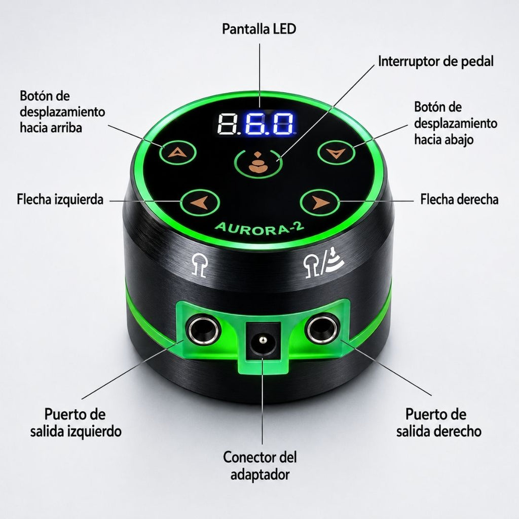Controles, pantalla y conexiones de la fuente de alimentación Aurora 2