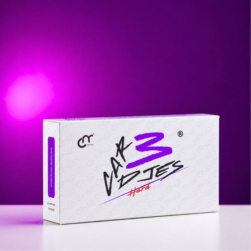 Caja original CM Supply HARD para cartuchos PMU profesionales de micropigmentación sobre fondo violeta