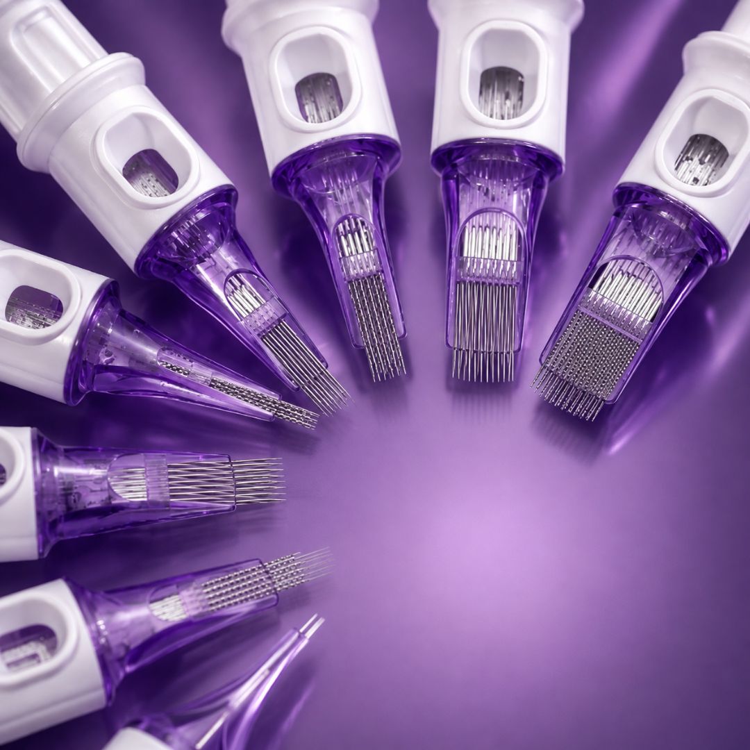 Agujas PMU CM Supply HARD con diferentes configuraciones de puntas y cartuchos de color blanco y violeta para micropigmentación profesional