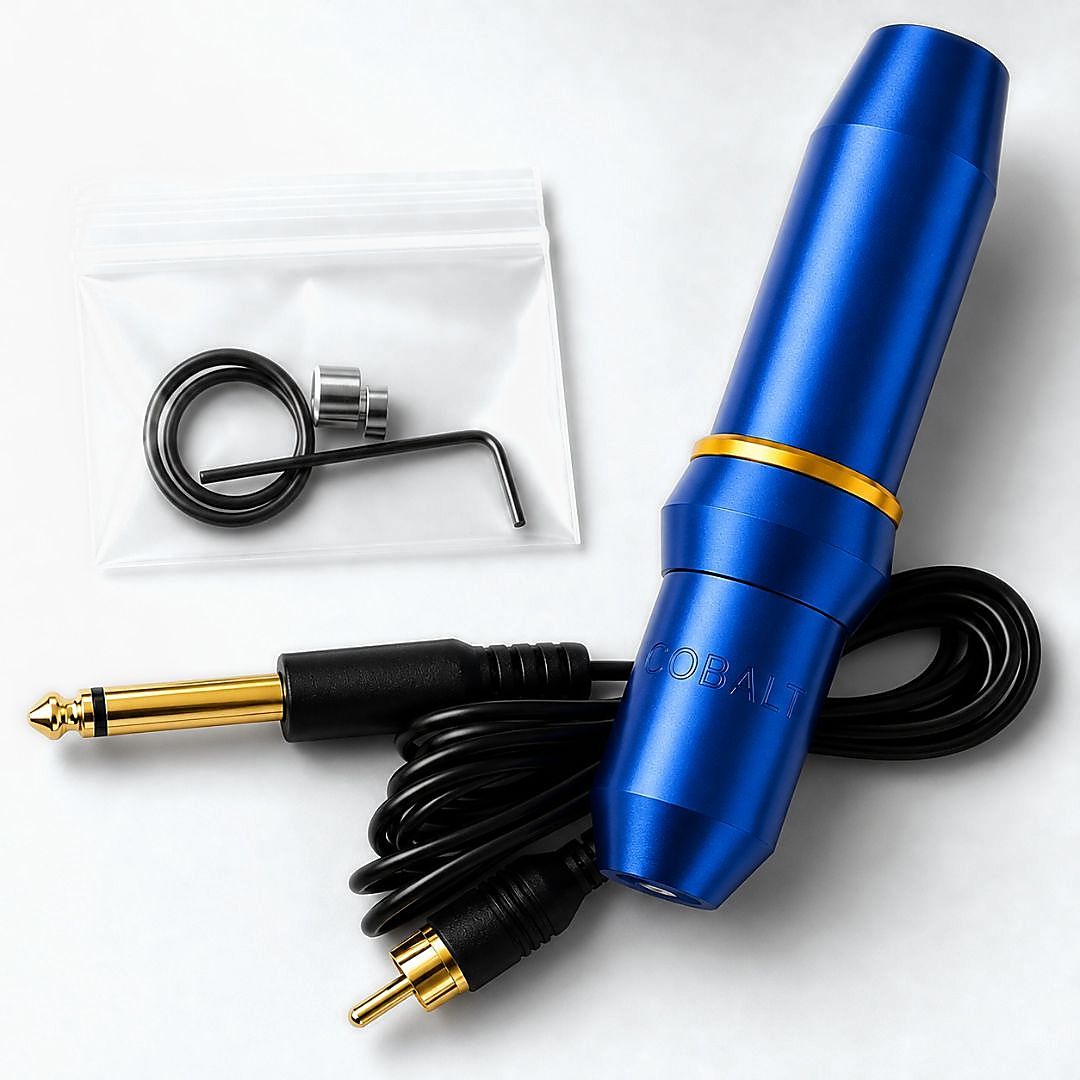 Máquina PMU COBALT azul con cable de conexión RCA, excéntricos intercambiables y accesorios para configuración profesional