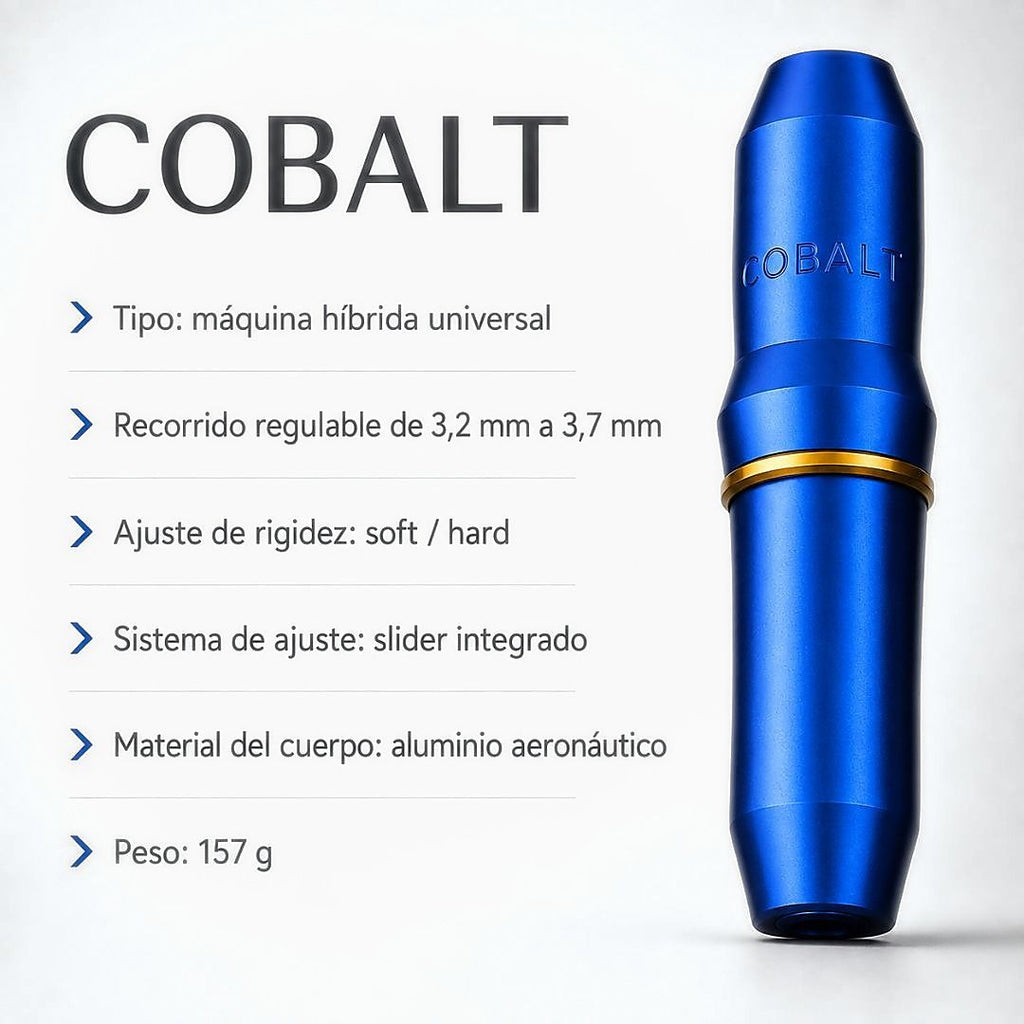 Máquina PMU COBALT azul con configuraciones de stroke 3,2 y 3,7 mm, ajuste Soft Hard, slider integrado y peso de 157 g