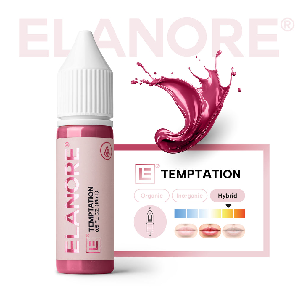 Pigmento PMU Elanore Temptation fórmula híbrida rojo floral intenso escala de temperatura y guía técnica profesional 15 ml