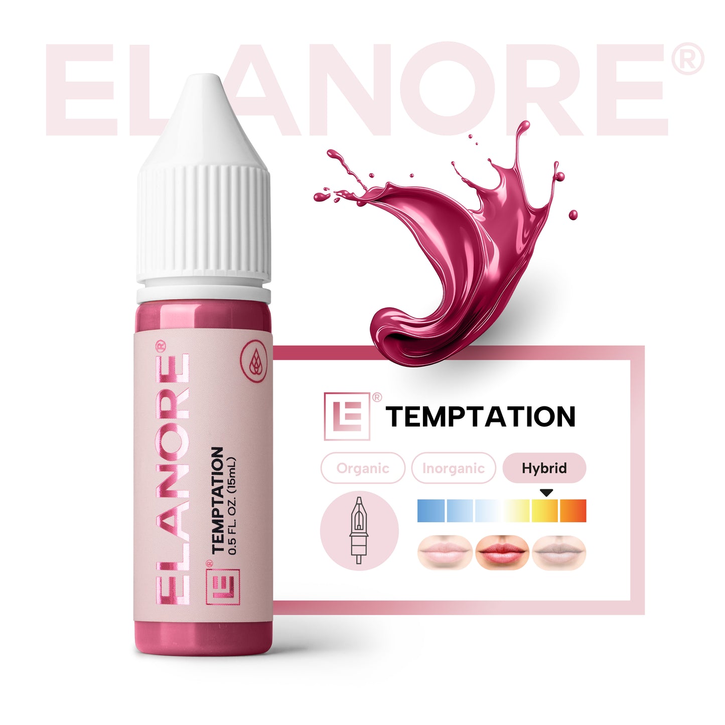 Pigmento PMU Elanore Temptation fórmula híbrida rojo floral intenso escala de temperatura y guía técnica profesional 15 ml