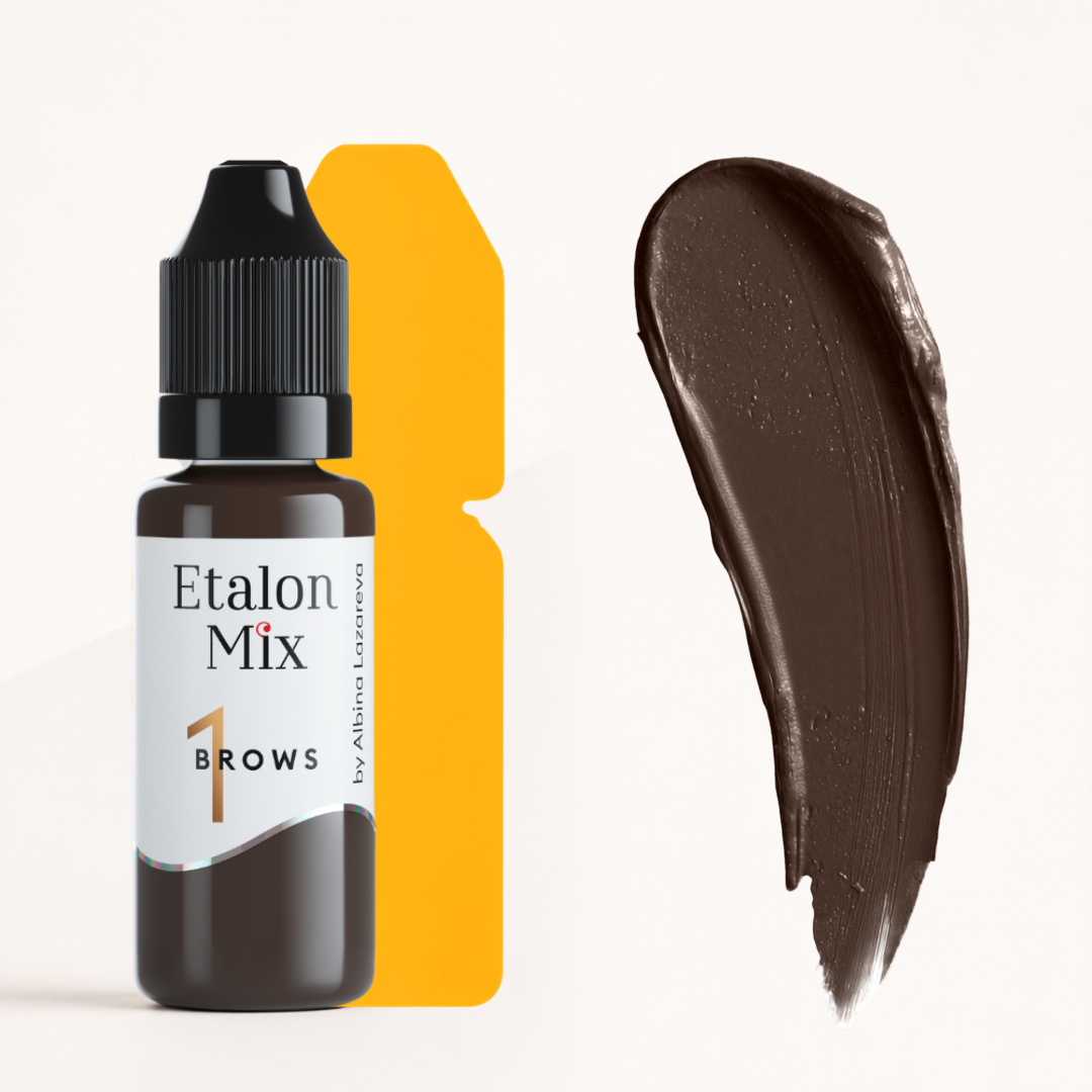 Swatch de Etalon Mix 01 Hazelnut, pigmento híbrido marrón arena cálido de base amarillo-marrón para micropigmentación de cejas