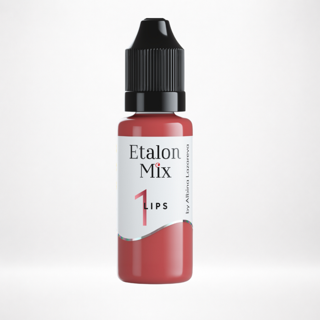 Pigmento PMU para labios Etalon Mix N.º 1 Gentle Kiss rosa neutro frío en frasco profesional sobre fondo blanco