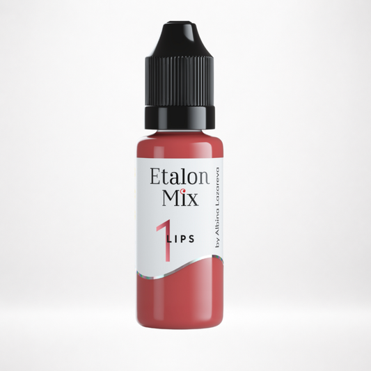 Pigmento PMU para labios Etalon Mix N.º 1 Gentle Kiss rosa neutro frío en frasco profesional sobre fondo blanco