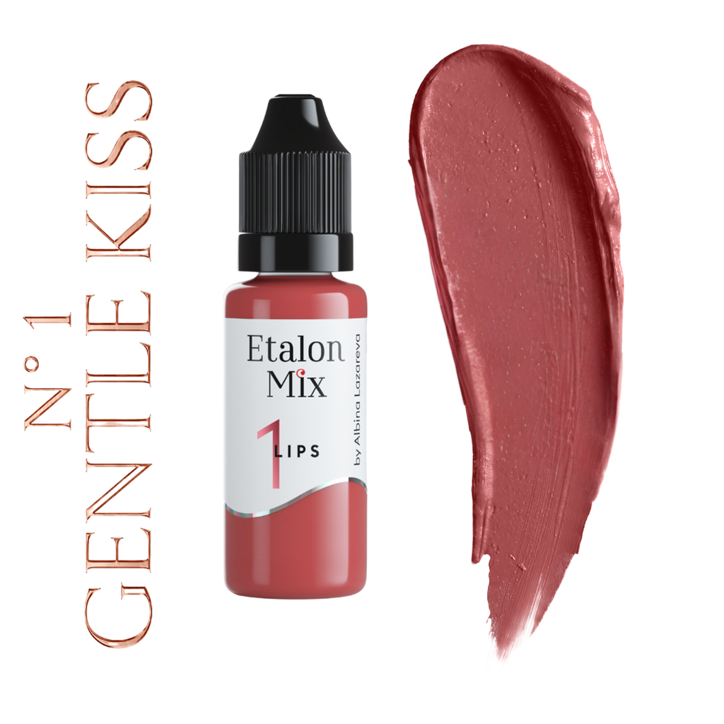 Swatch del pigmento PMU para labios Etalon Mix N.º 1 Gentle Kiss rosa suave neutro frío con frasco profesional