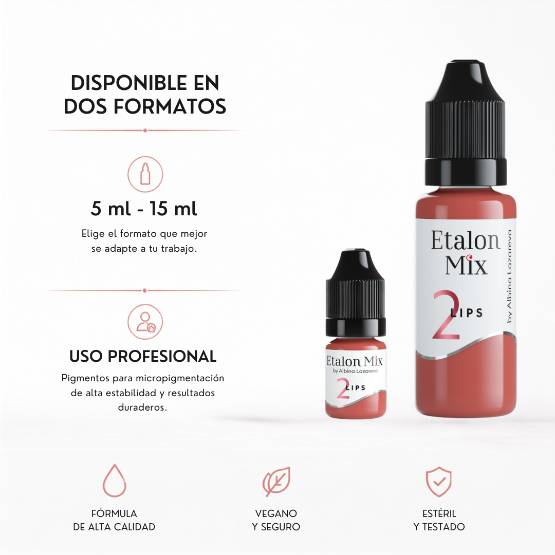 Pigmento PMU para labios Etalon Mix N.º 2 Pink Caramel disponible en formatos profesionales de 5 ml y 15 ml.