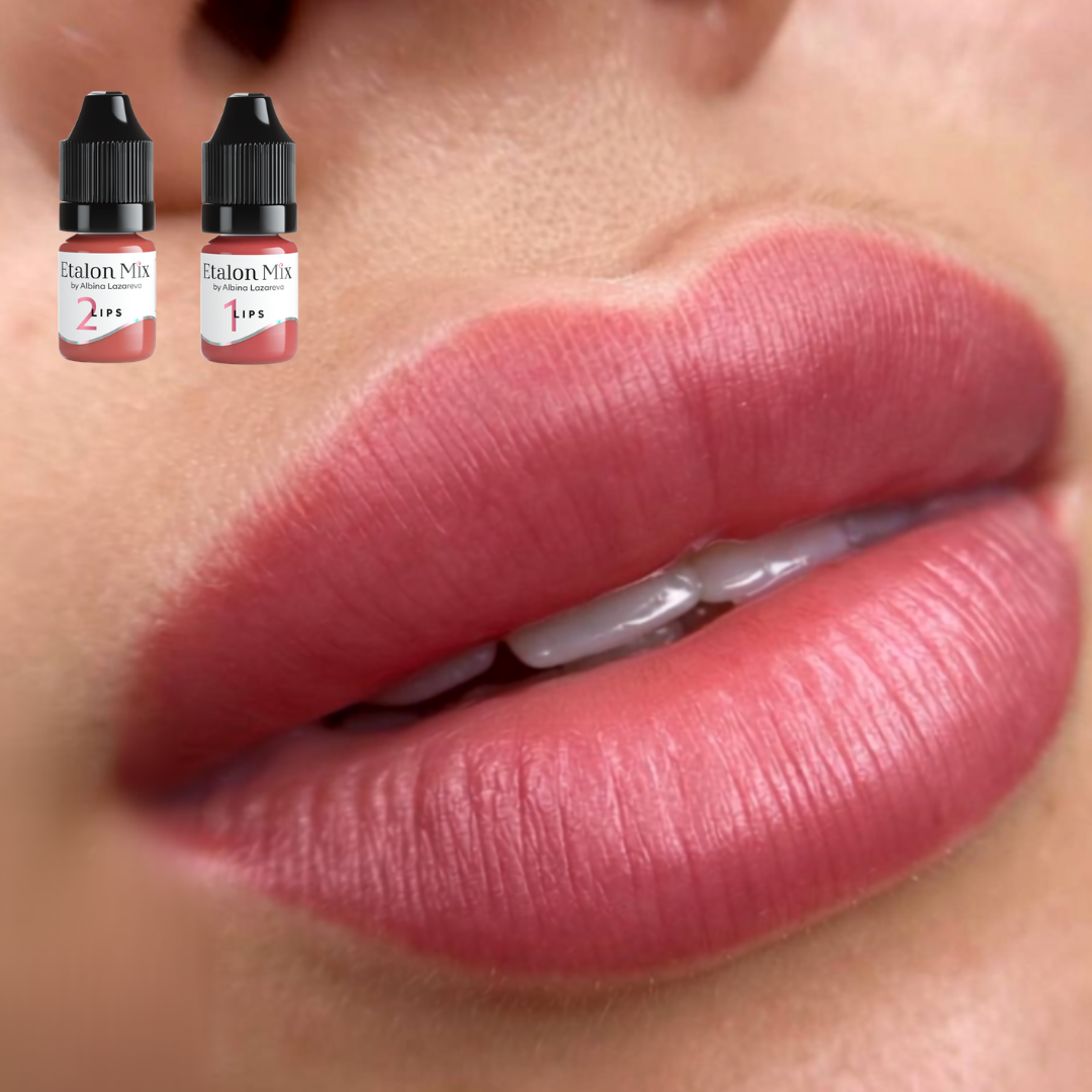 Resultado de micropigmentación de labios con Etalon Mix N.º 2 Pink Caramel combinado con Gentle Kiss N.º 1 para un efecto rosa natural y luminoso.