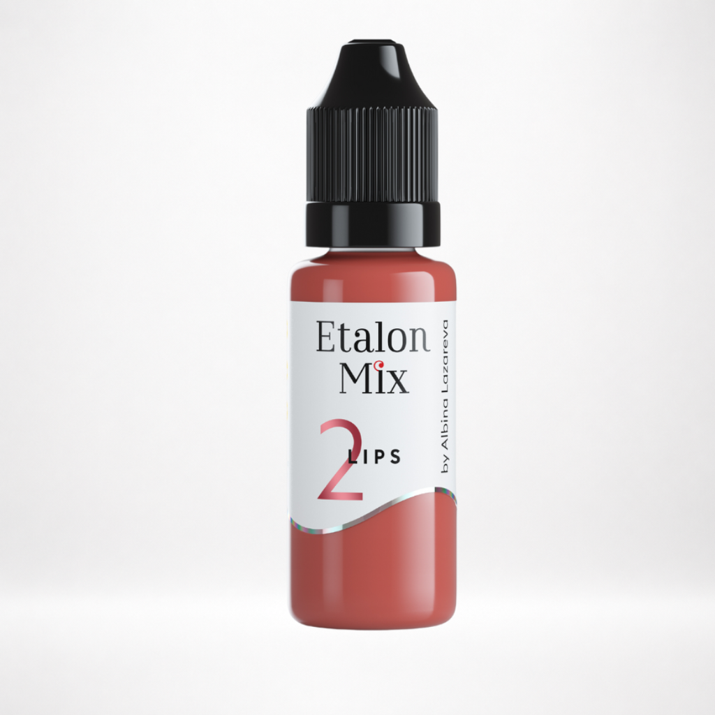 Pigmento PMU para labios Etalon Mix N.º 2 Pink Caramel rosa caramelo cálido en frasco profesional sobre fondo blanco.
