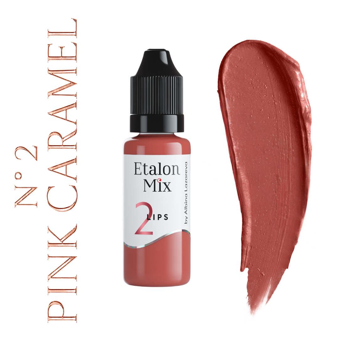 Swatch del pigmento PMU para labios Etalon Mix N.º 2 Pink Caramel rosa caramelo cálido con frasco profesional.