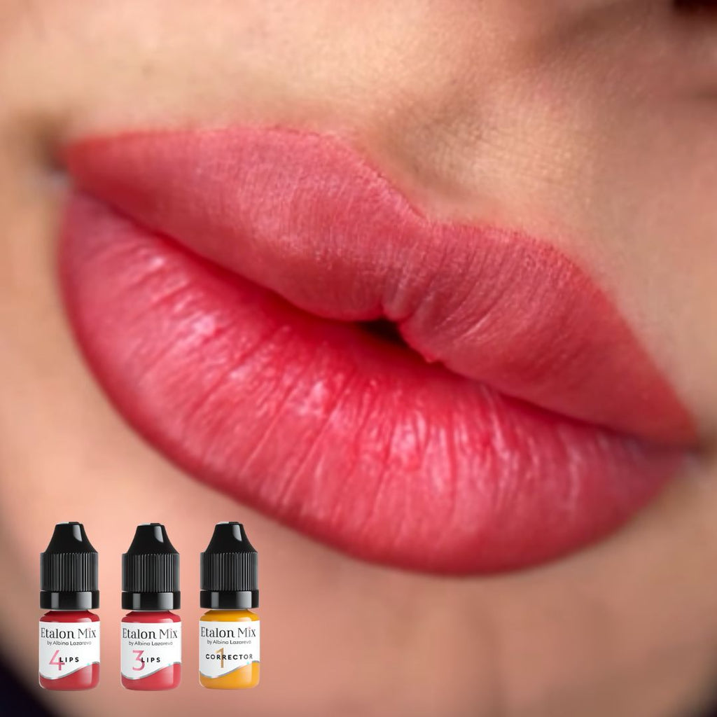 Resultado visual en labios con Etalon Mix N.º 4 Red Velvet, N.º 3 Berry Nectar y corrector amarillo para un rojo cálido y luminoso