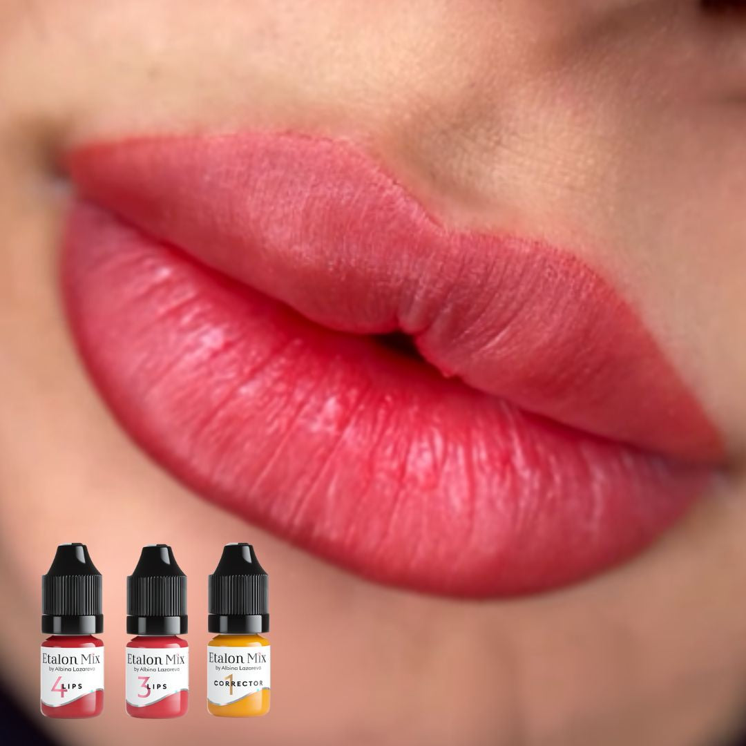 Resultado visual en labios con Etalon Mix N.º 4 Red Velvet, N.º 3 Berry Nectar y corrector amarillo para un rojo cálido y luminoso