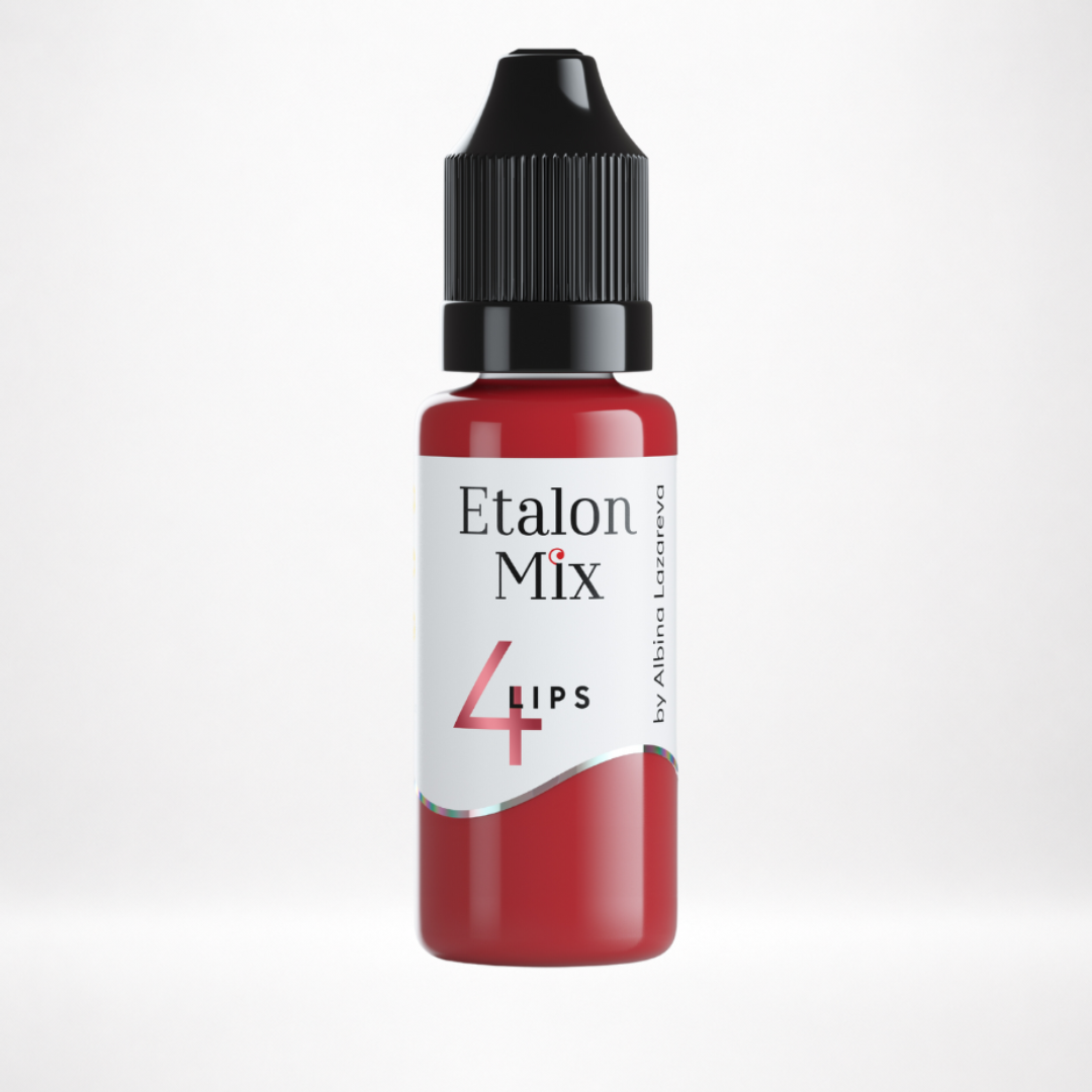 Pigmento PMU para labios Etalon Mix N.º 4 Red Velvet rojo escarlata brillante en frasco profesional sobre fondo blanco