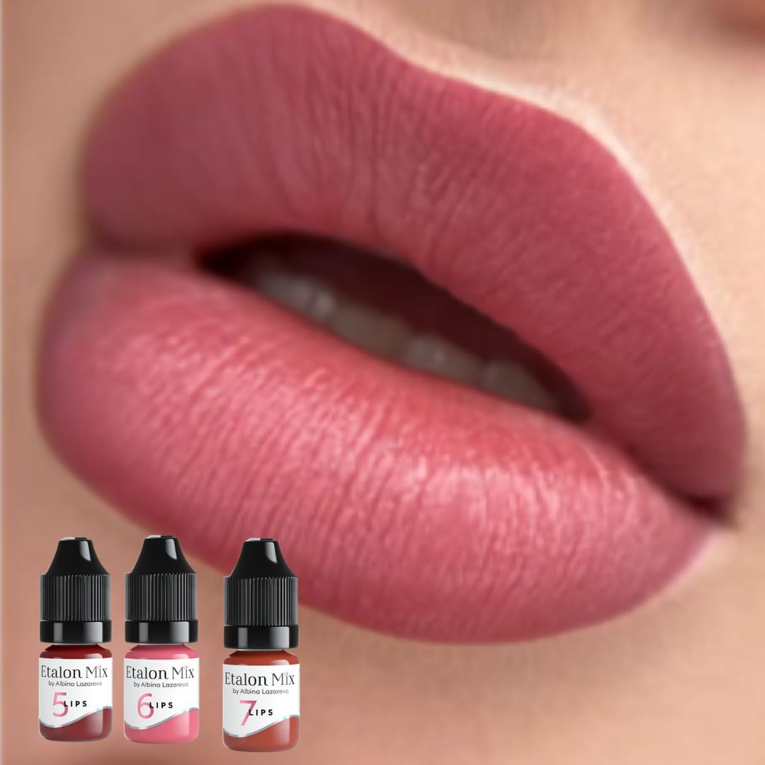 Resultado visual en labios con Etalon Mix N.º 5 Cherry Mousse, N.º 6 Dusty Rose y N.º 7 Sweet Cinnamon para un rosa cereza suave