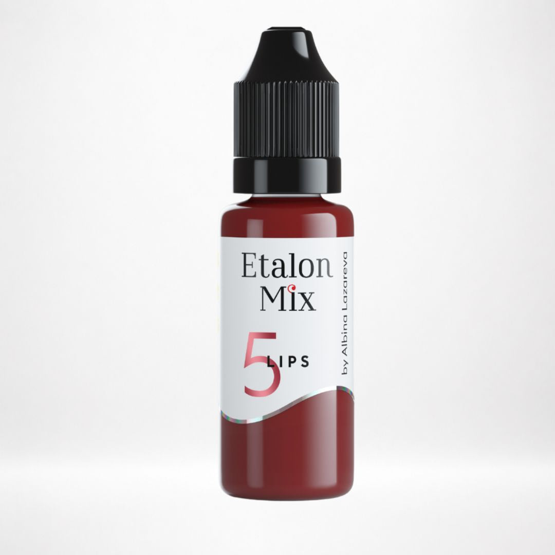 Pigmento PMU para labios Etalon Mix N.º 5 Cherry Mousse rojo cereza profundo en frasco profesional sobre fondo blanco