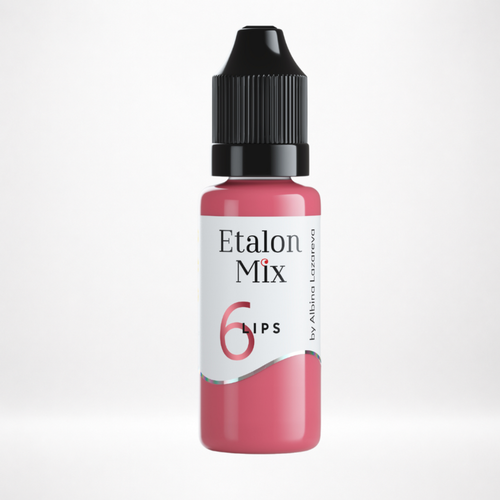 Pigmento PMU para labios Etalon Mix N.º 6 Dusty Rose rosa pastel empolvado en frasco profesional sobre fondo blanco