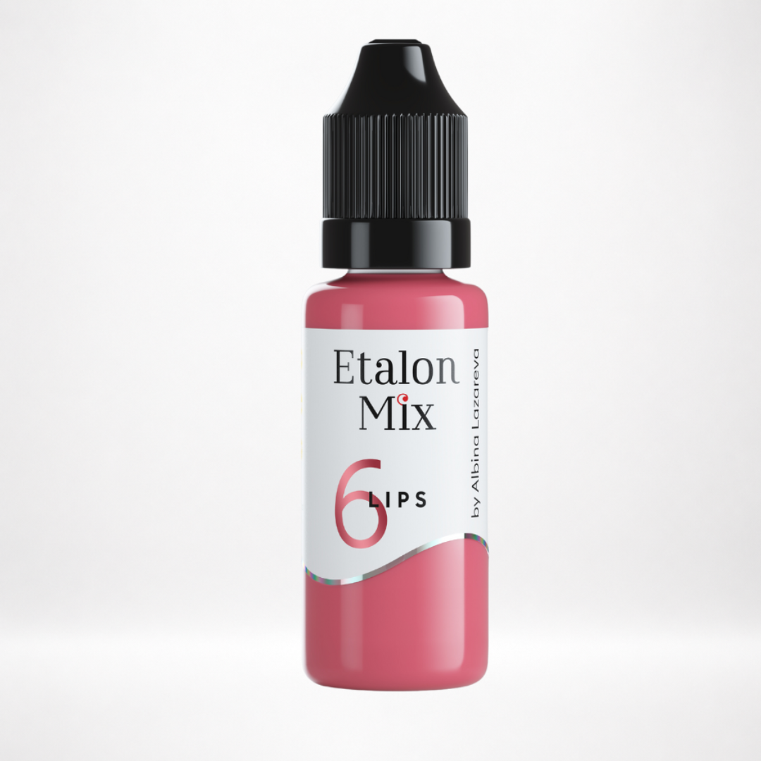 Pigmento PMU para labios Etalon Mix N.º 6 Dusty Rose rosa pastel empolvado en frasco profesional sobre fondo blanco