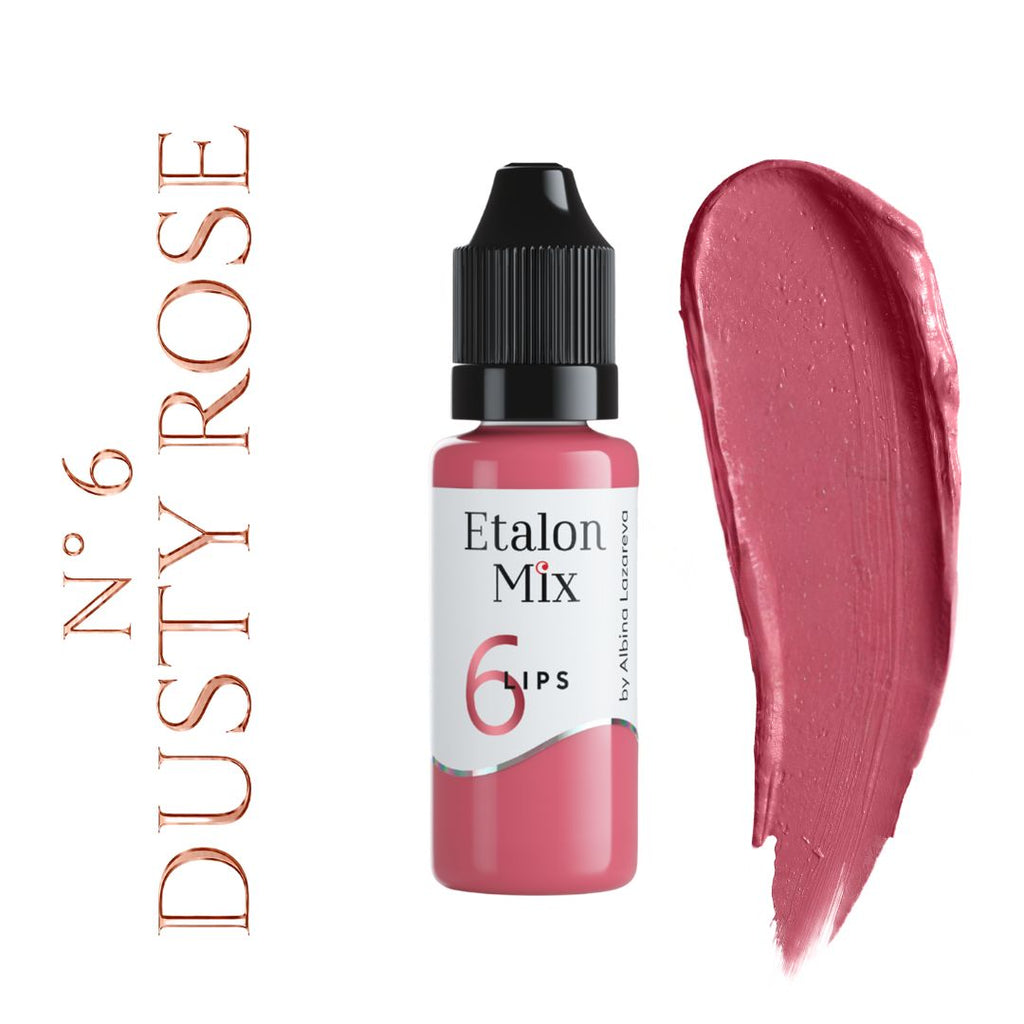 Swatch del pigmento PMU para labios Etalon Mix N.º 6 Dusty Rose rosa empolvado con matiz lila y frasco profesional