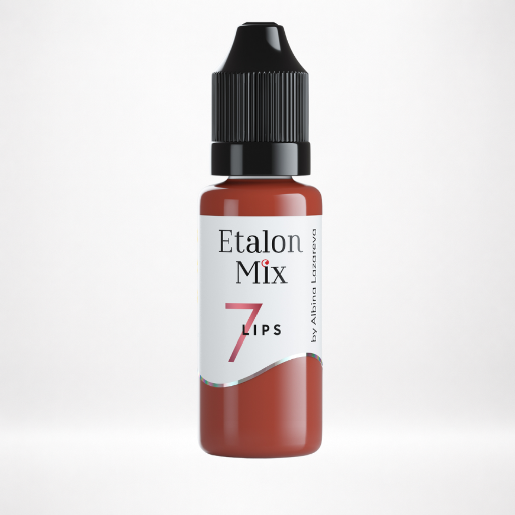Pigmento PMU para labios Etalon Mix N.º 7 Sweet Cinnamon beige rojizo cálido en frasco profesional sobre fondo blanco