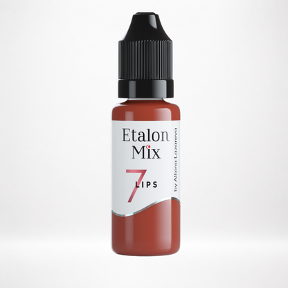 Pigmento PMU para labios Etalon Mix N.º 7 Sweet Cinnamon beige rojizo cálido en frasco profesional sobre fondo blanco