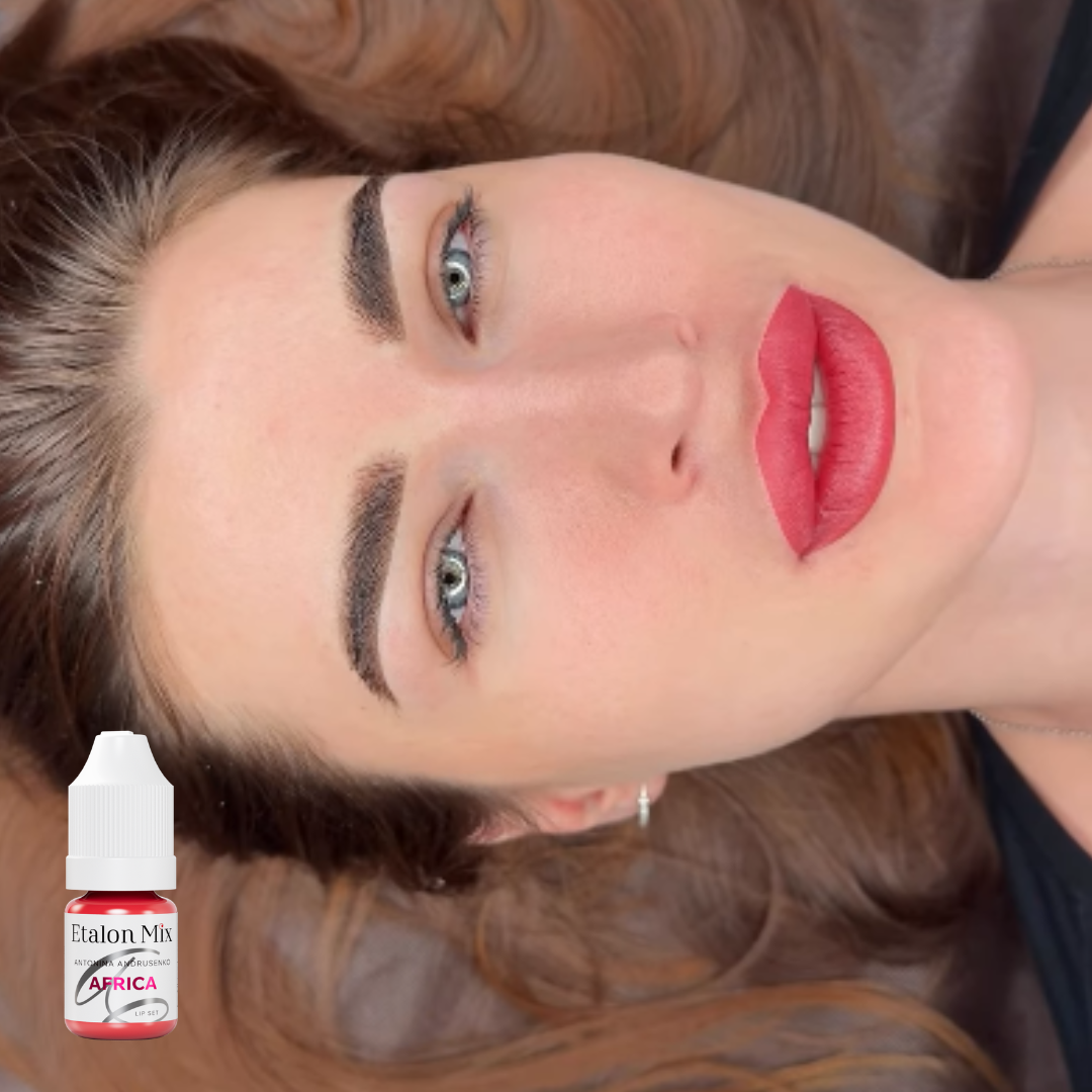 Resultado visual de micropigmentación de labios en rojo escarlata con pigmento Etalon Mix Africa mostrado en la imagen
