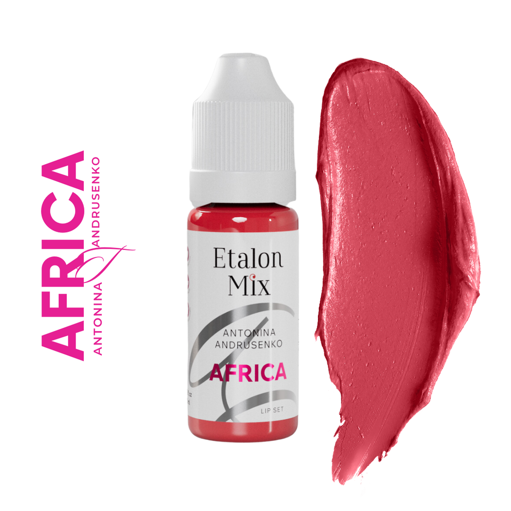 Swatch del pigmento PMU para labios Etalon Mix Africa rojo escarlata cálido de saturación media con frasco profesional