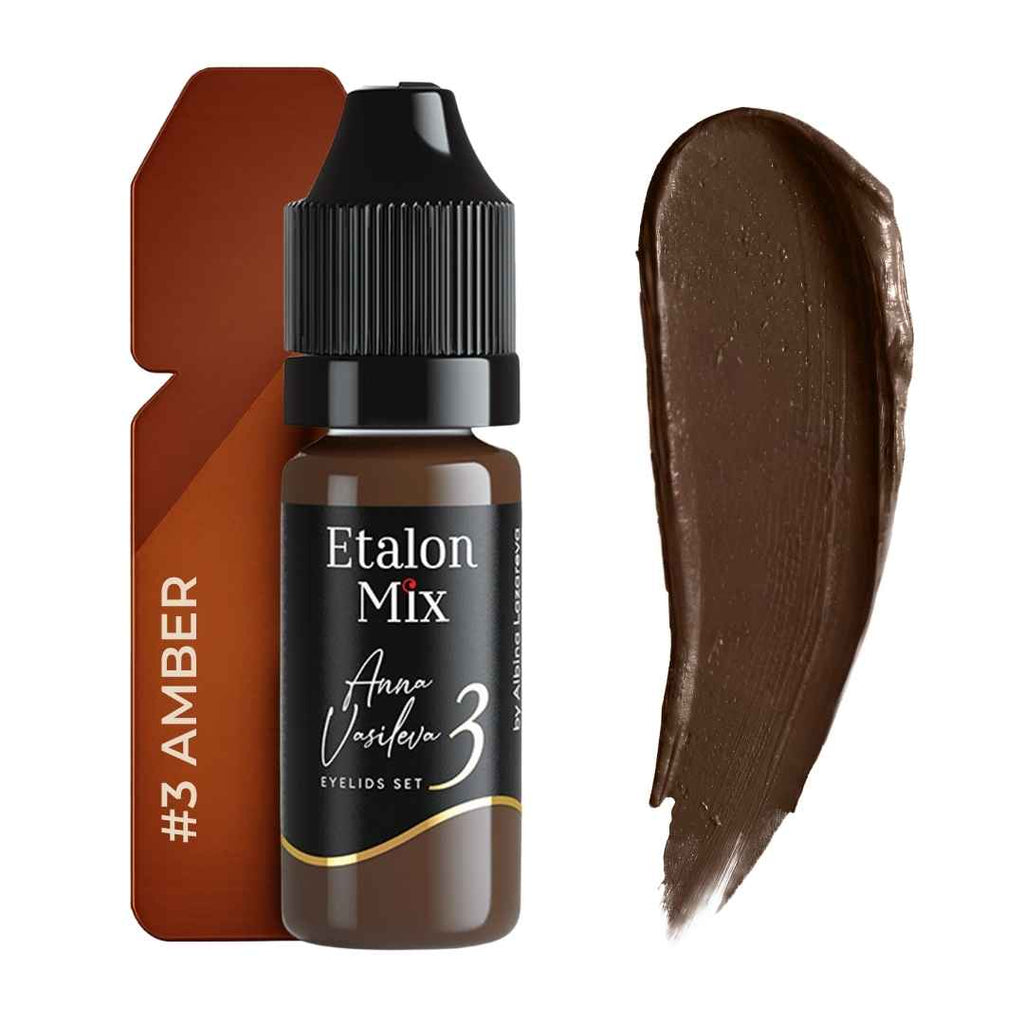 Pigmento PMU Etalon Mix Amber 3 para eyeliner marrón cálido con swatch de base rojiza y saturación media