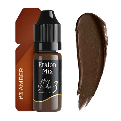 Pigmento PMU Etalon Mix Amber 3 para eyeliner marrón cálido con swatch de base rojiza y saturación media