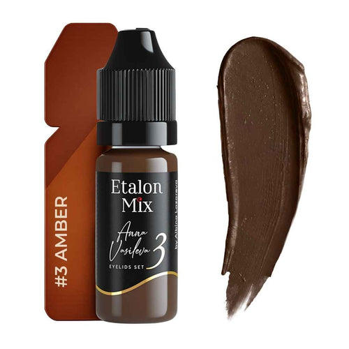 Pigmento PMU Etalon Mix Amber 3 para eyeliner marrón cálido con swatch de base rojiza y saturación media