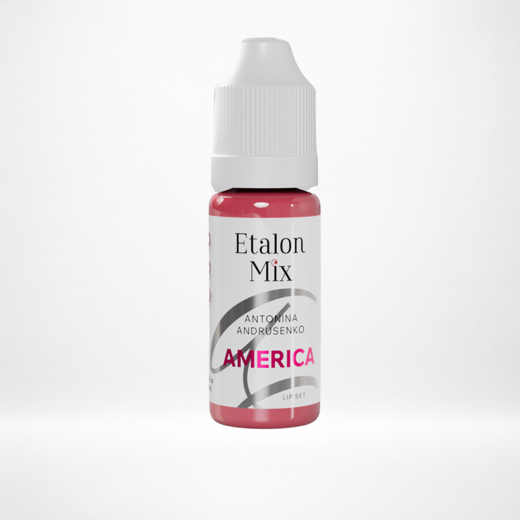 Pigmento PMU para labios Etalon Mix America by Antonina Andrusenko rosa malva claro y frío en frasco profesional sobre fondo blanco