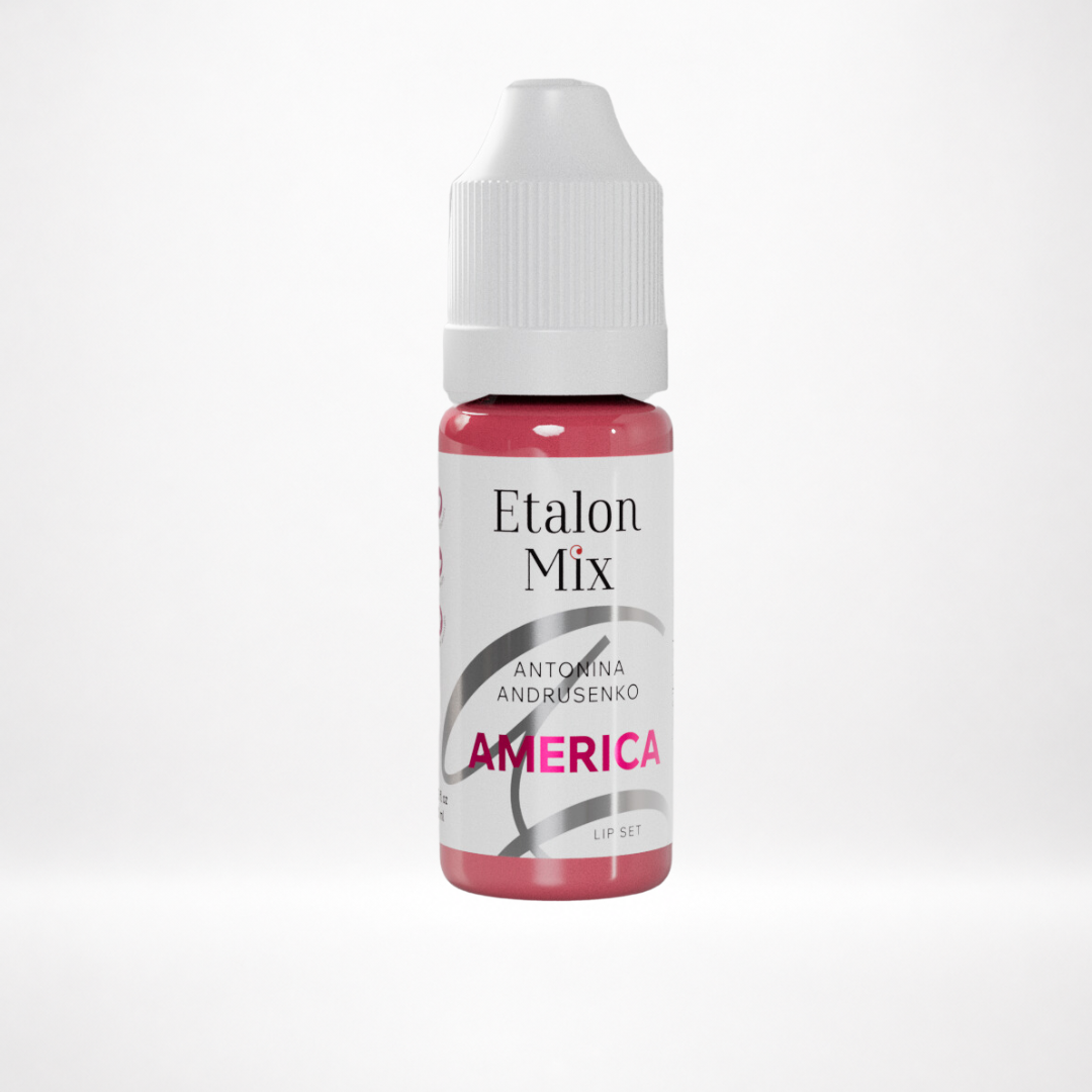 Pigmento PMU para labios Etalon Mix America by Antonina Andrusenko rosa malva claro y frío en frasco profesional sobre fondo blanco