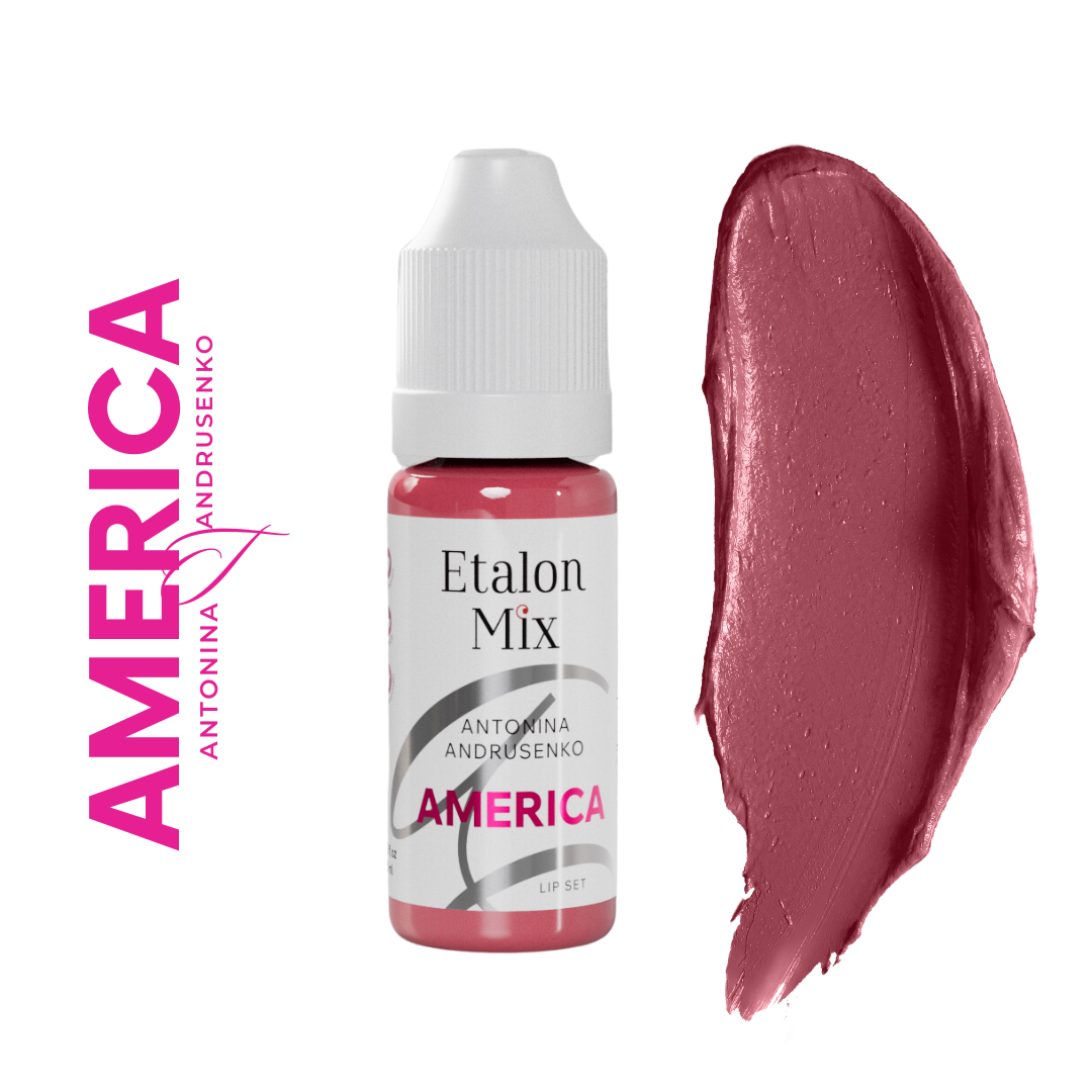 Swatch del pigmento PMU para labios Etalon Mix America rosa malva claro frío y opaco con frasco profesional