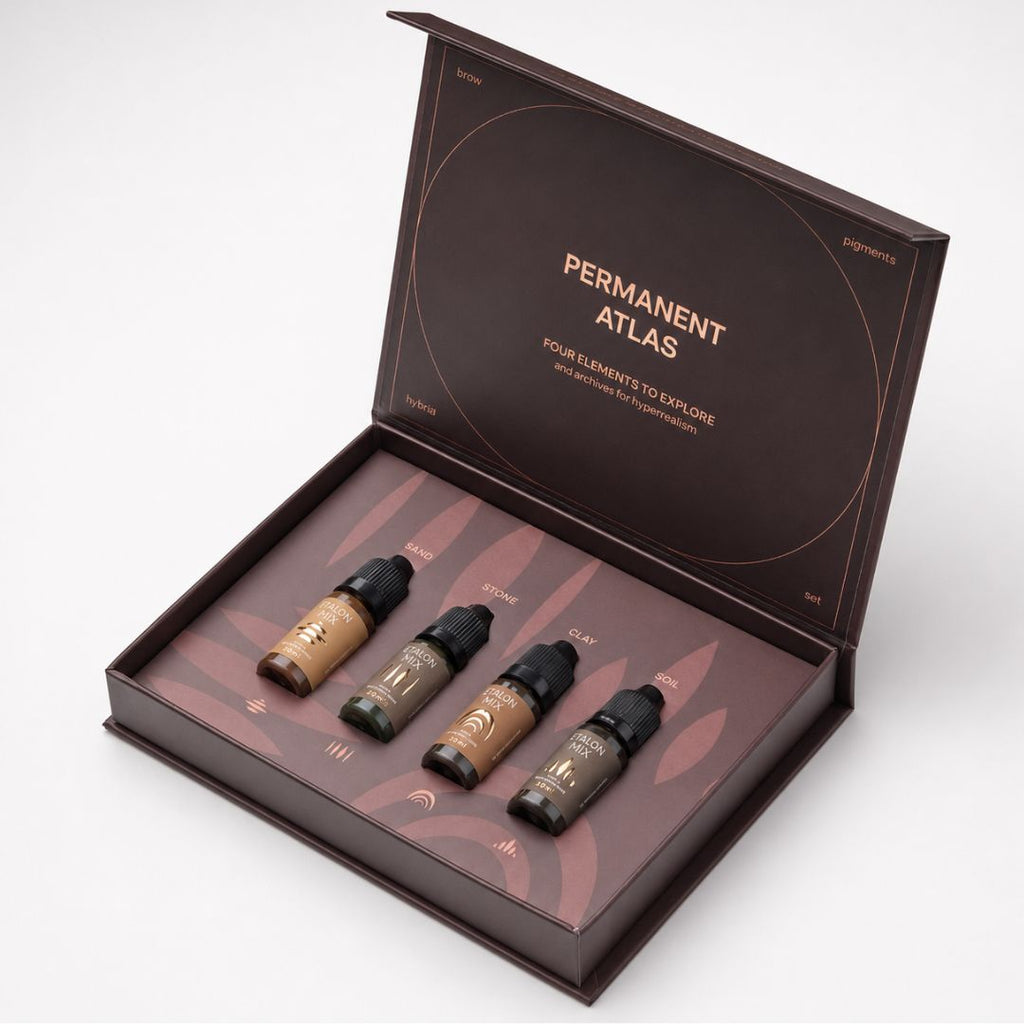 Set Etalon Mix Hyperrealism de Anna Kutsevolova con cuatro pigmentos PMU para cejas Sand, Stone, Clay y Soil en formato de 10 ml