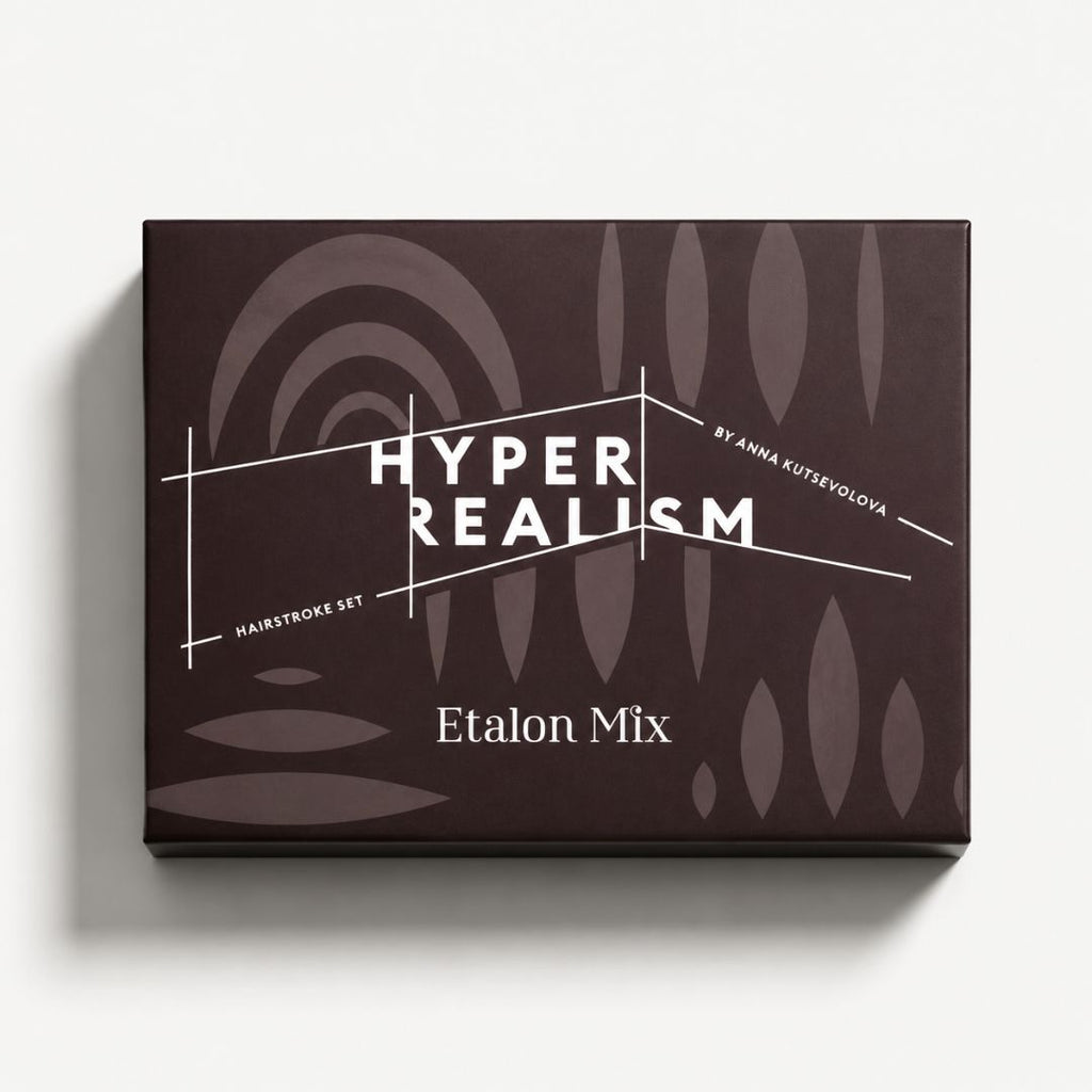 Packaging cerrado del set Etalon Mix Hyperrealism by Anna Kutsevolova para técnicas hairstroke y micropigmentación profesional de cejas