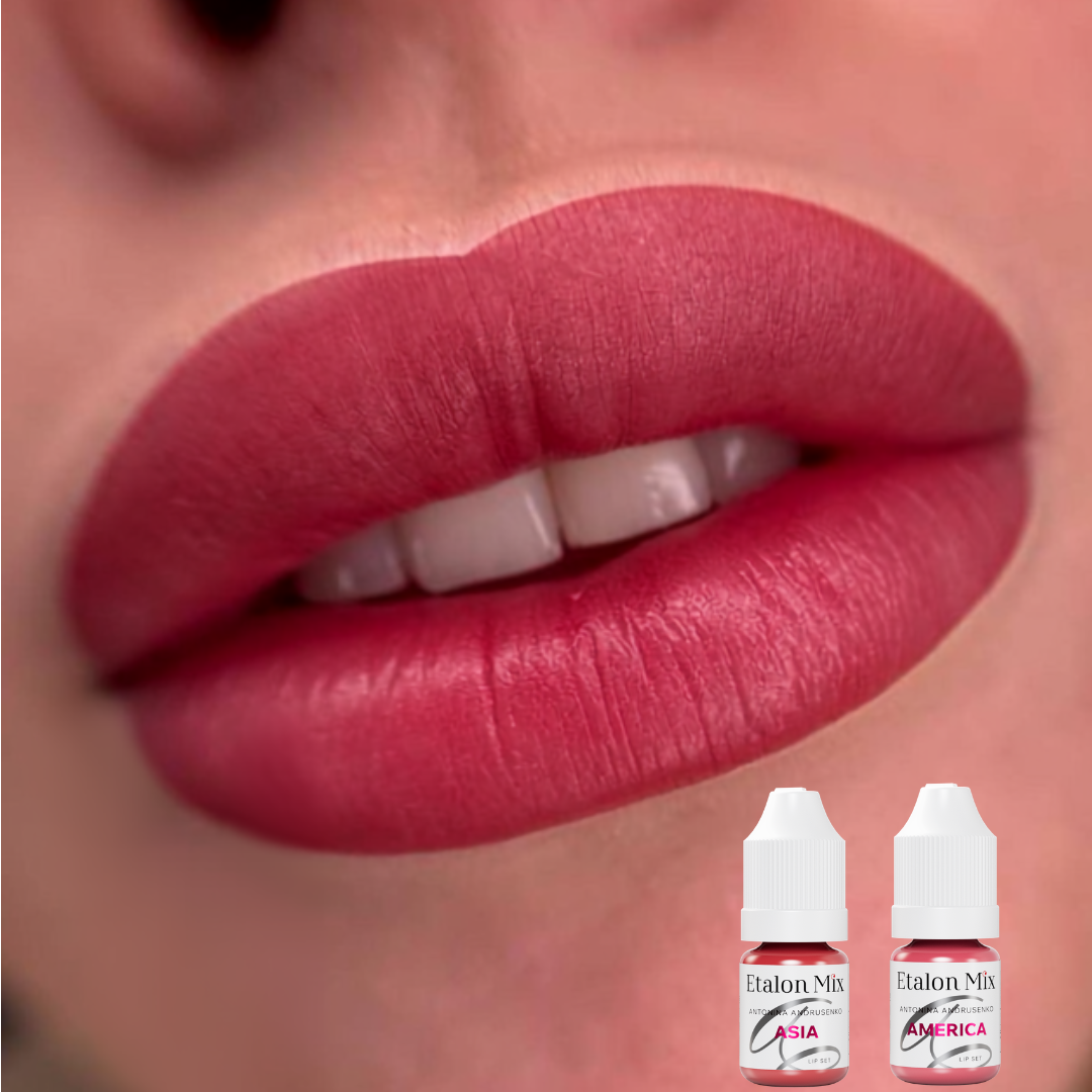 Resultado visual en labios con Etalon Mix Asia y America para una tonalidad rosa floral viva y luminosa