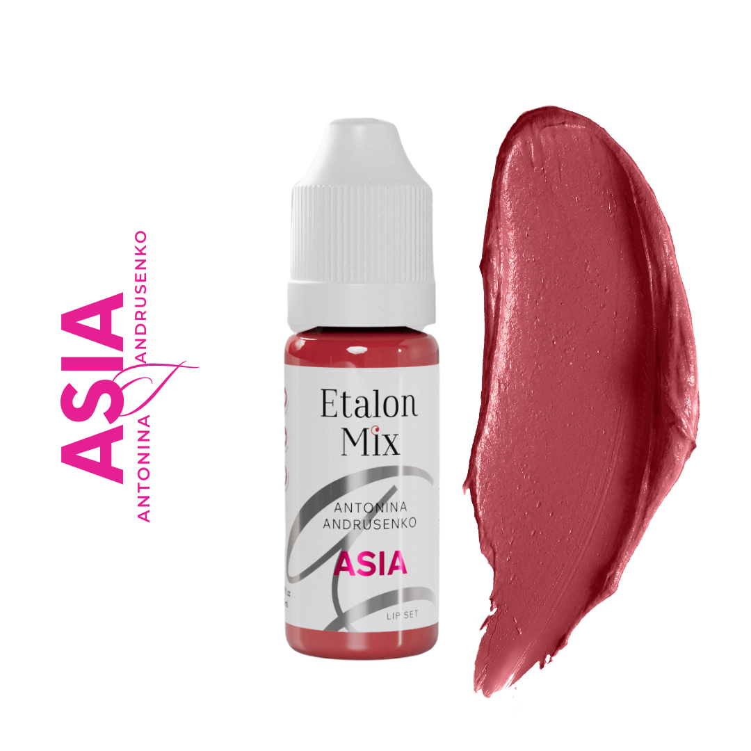 Swatch del pigmento PMU para labios Etalon Mix Asia rosa floral vivo de temperatura neutra con frasco profesional