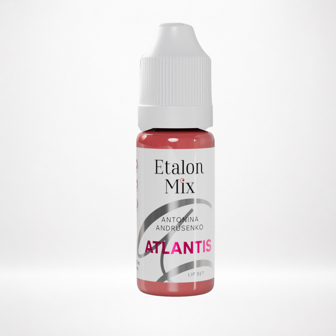 Pigmento PMU para labios Etalon Mix Atlantis by Antonina Andrusenko beige rosa suave en frasco profesional sobre fondo blanco