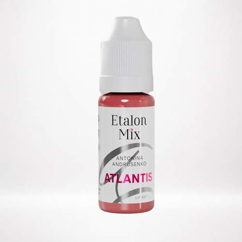 Pigmento PMU para labios Etalon Mix Atlantis by Antonina Andrusenko beige rosa suave en frasco profesional sobre fondo blanco