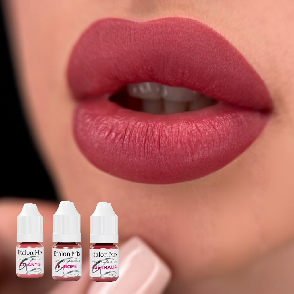 Resultado visual en labios con Etalon Mix Atlantis, Europe y Australia para un rosa intenso suavizado y equilibrado