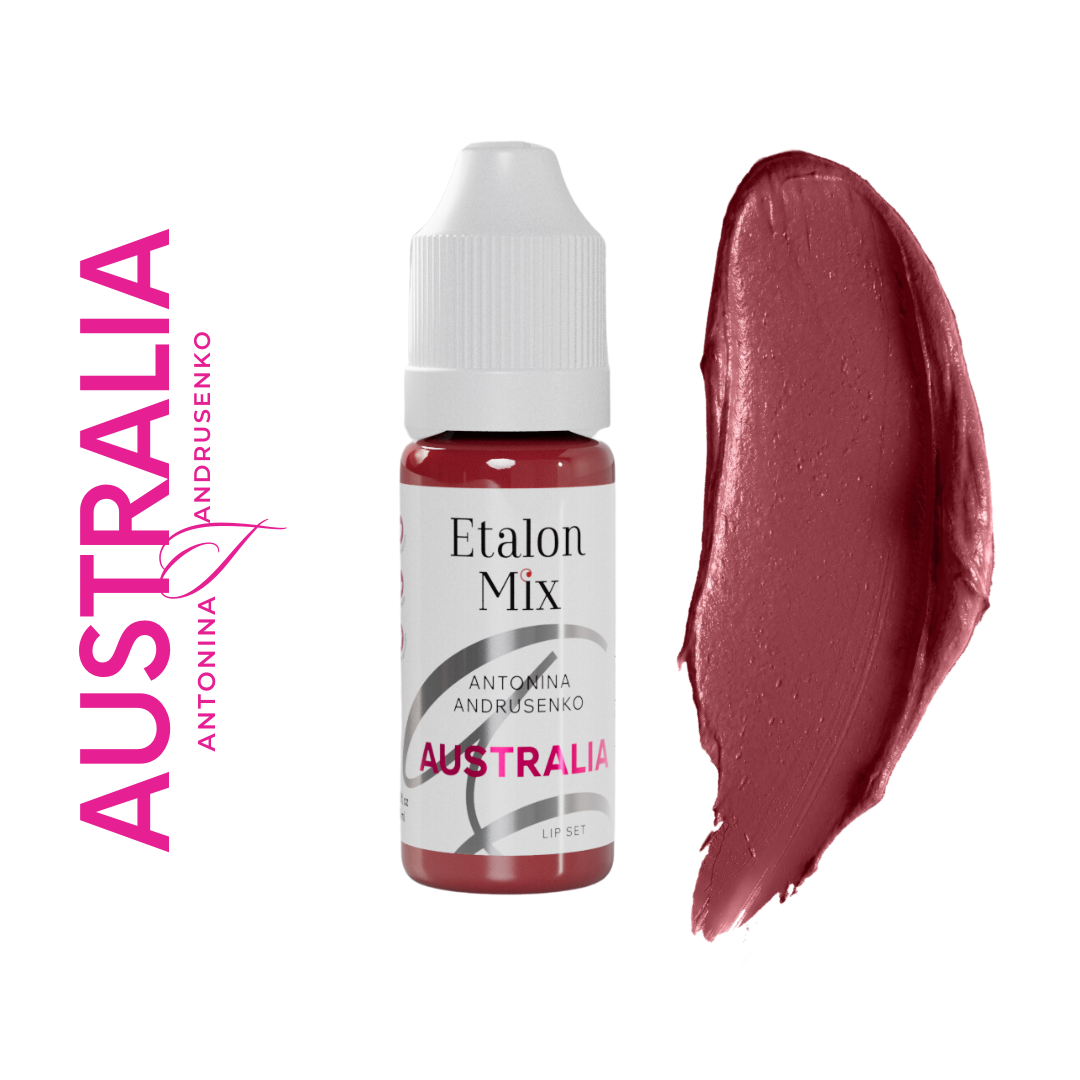 Swatch del pigmento PMU para labios Etalon Mix Australia by Antonina Andrusenko rojo vino frío y profundo con frasco profesional