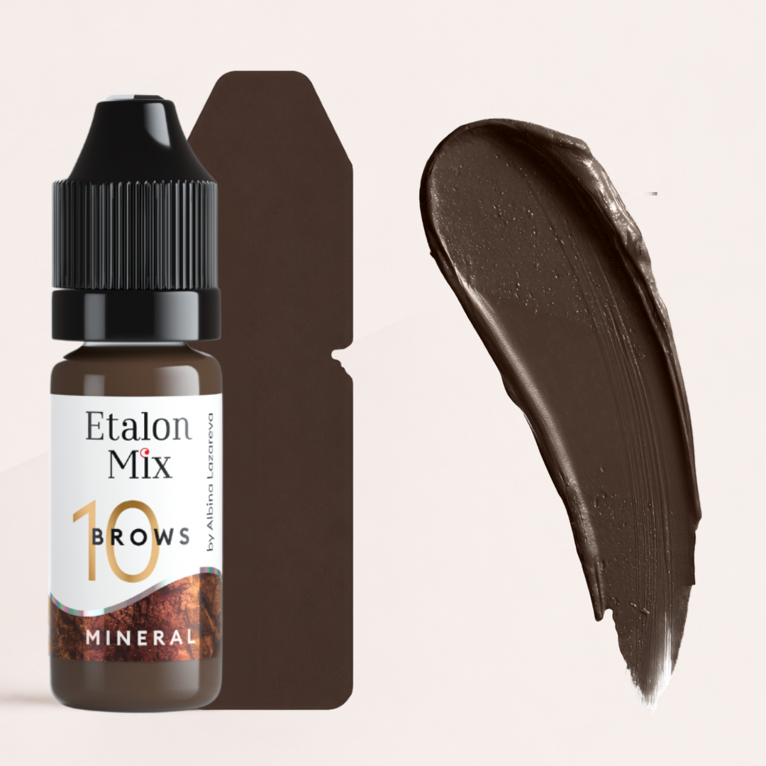 Textura y swatch Etalon Mix Brows 10 Arabica pigmento mineral PMU marrón frío sobre base gris marrón para cejas