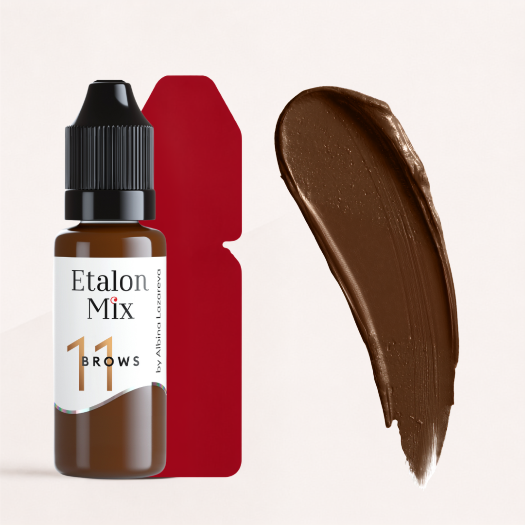 Textura y swatch Etalon Mix Brows 11 pigmento PMU castaño universal sobre base rojo marrón para cejas y mezclas profesionales