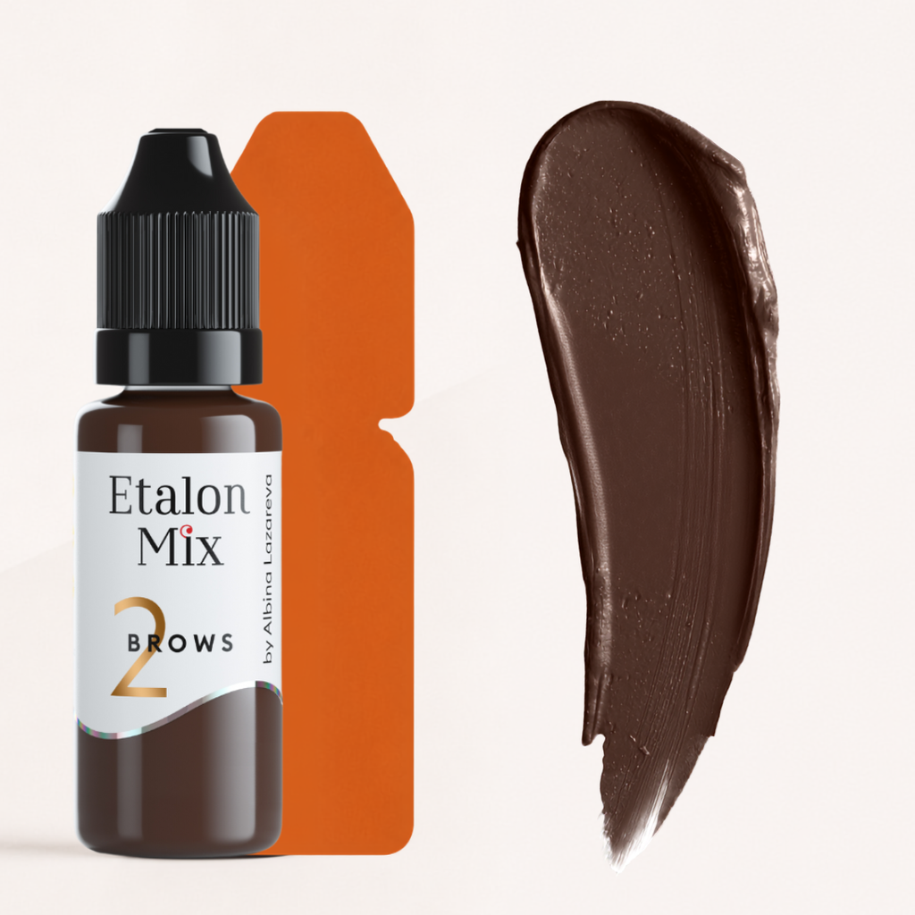 Textura y swatch del pigmento Etalon Mix Brows 2 Orange marrón cálido sobre base naranja para micropigmentación profesional de cejas