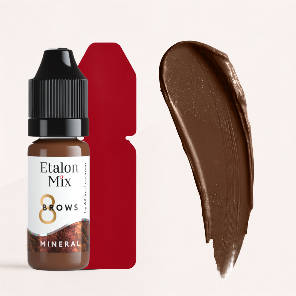 Textura y swatch Etalon Mix Brows 8 Tiziano pigmento mineral PMU marrón cálido rojizo sobre base rojo marrón para cejas