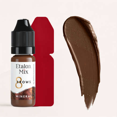 Textura y swatch Etalon Mix Brows 8 Tiziano pigmento mineral PMU marrón cálido rojizo sobre base rojo marrón para cejas