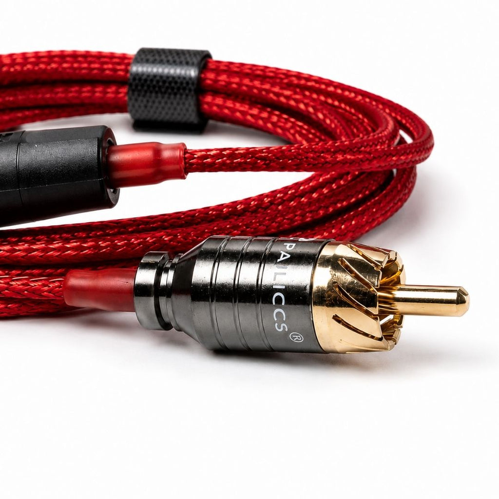 Detalle del conector RCA dorado del cable Etalon Mix Jack & Alexx Premium rojo
