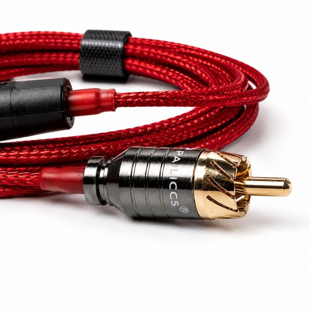 Detalle del conector RCA dorado del cable Etalon Mix Jack & Alexx Premium rojo
