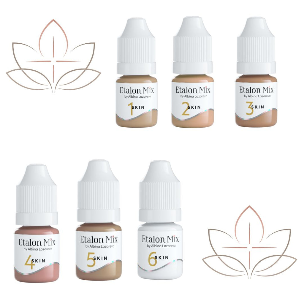 Colección completa Etalon Mix Camouflage Skin con los seis pigmentos profesionales para corrección cromática y camuflaje en micropigmentación