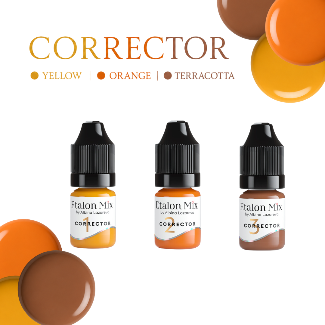 Etalon Mix Corrector 3 Terracotta, pigmento corrector PMU para micropigmentación, mostrado junto a los tonos Yellow, Orange y Terracotta.